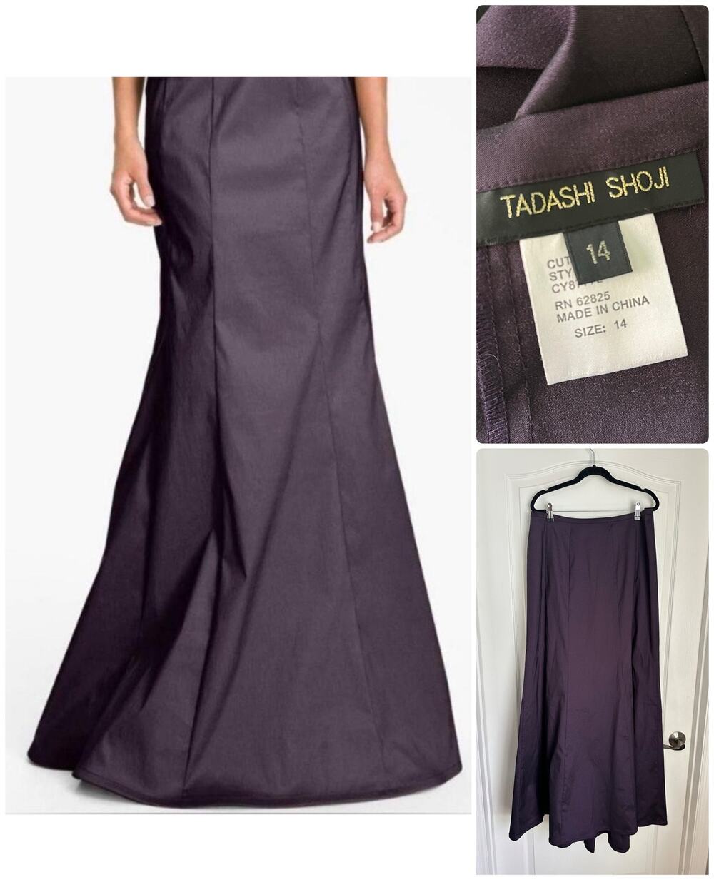 VTG Tadashi Shoji Metallic Stretch Taffeta Mermaid Maxi Skirt – Plum Sz 14